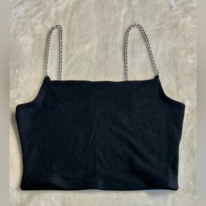 “G” Black Medium Crop Tank Top with Silver Chain Straps